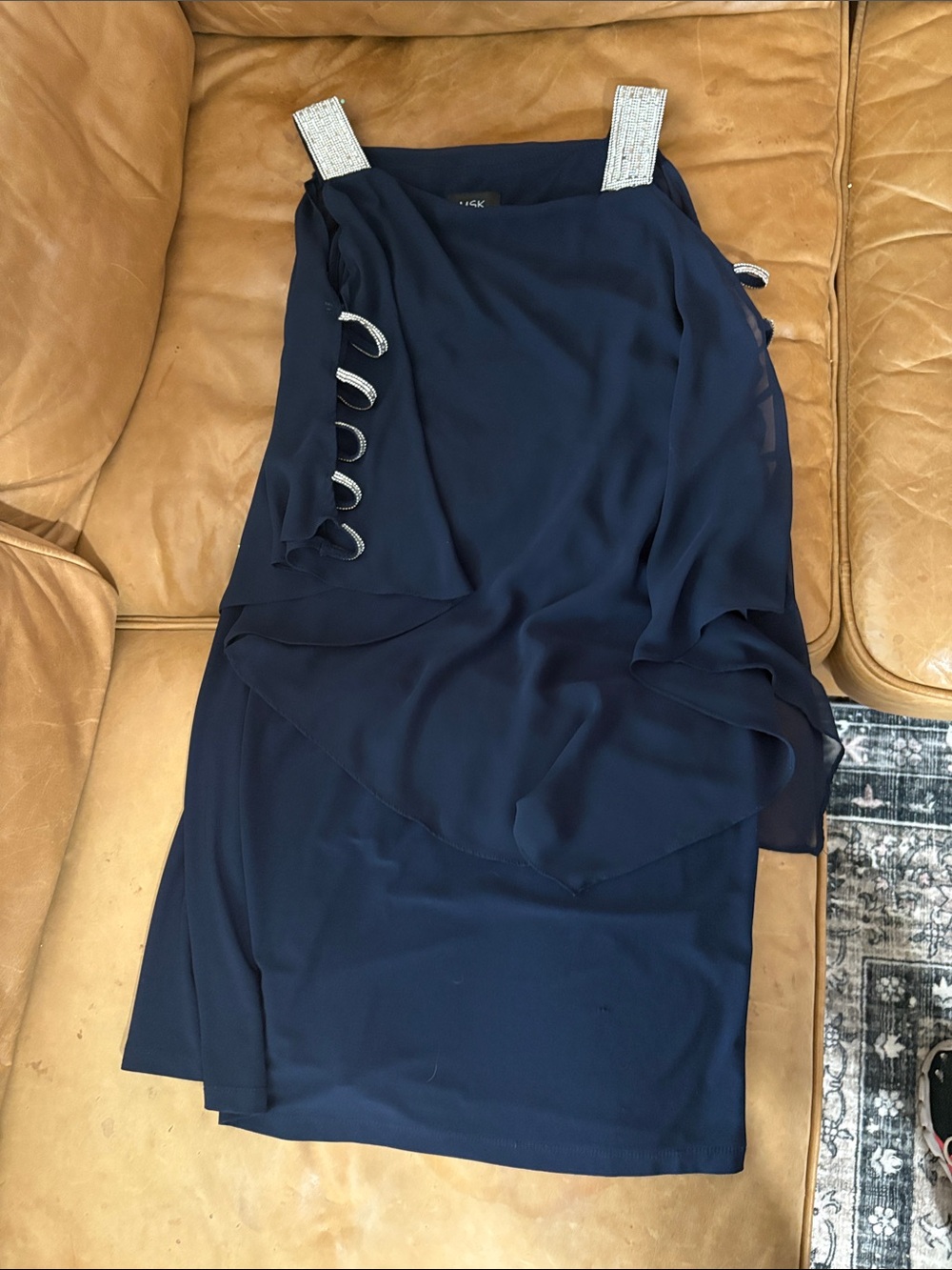 MSK Navy One-Shoulder Chiffon Cocktail Dress with Embellished Strap
